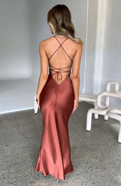 Elegant Mermaid Deep V-Neck Spaghetti Strap Satin Crisscross Back Maxi Evening Dress