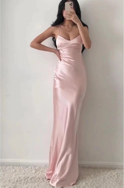 Elegant Mermaid Deep V-Neck Spaghetti Strap Satin Crisscross Back Maxi Evening Dress