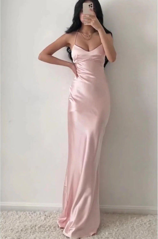Elegant Mermaid Deep V-Neck Spaghetti Strap Satin Crisscross Back Maxi Evening Dress