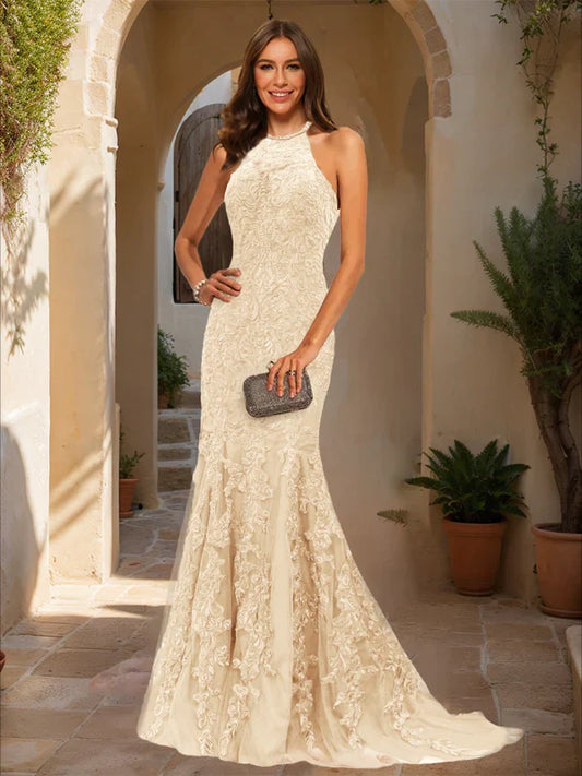 Elegant Mermaid Halter-Neck Deep-Open-Back Lace-Embellished Ivory Tulle Train-Floor-Length Prom Dresses