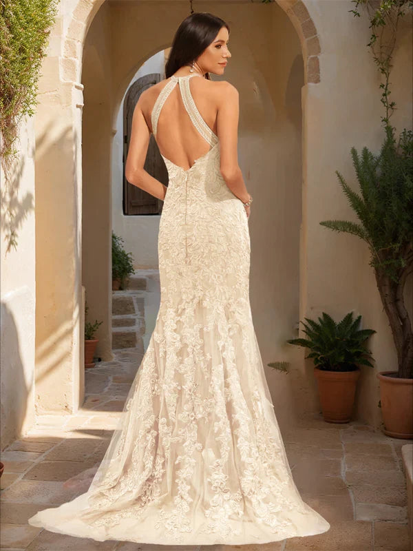 Elegant Mermaid Halter-Neck Deep-Open-Back Lace-Embellished Ivory Tulle Train-Floor-Length Prom Dresses