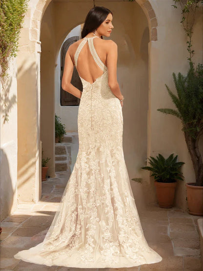 Elegant Mermaid Halter-Neck Deep-Open-Back Lace-Embellished Ivory Tulle Train-Floor-Length Prom Dresses