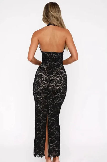 Elegant Mermaid Halter Neck Lace Applique Backless Slit Midi Dress