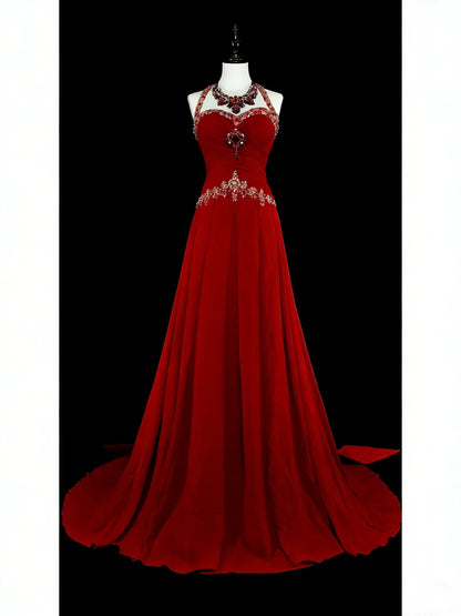 Elegant Mermaid Halter Neck Sleeveless Zipper Back Floor-Length Red Evening Gown