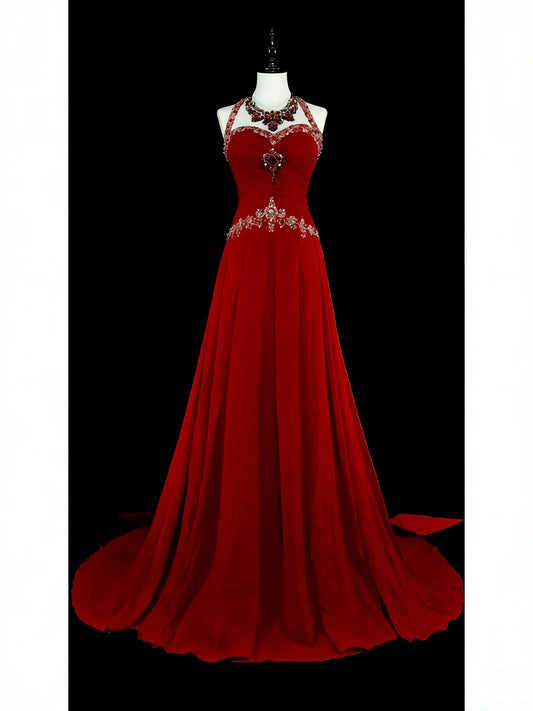 Elegant Mermaid Halter Neck Sleeveless Zipper Back Floor-Length Red Evening Gown