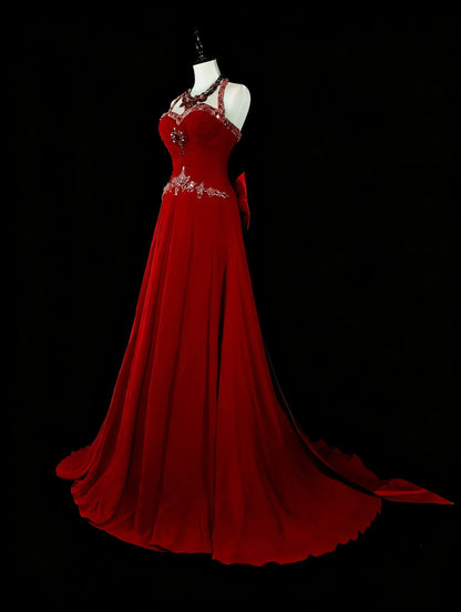 Elegant Mermaid Halter Neck Sleeveless Zipper Back Floor-Length Red Evening Gown