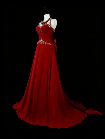 Elegant Mermaid Halter Neck Sleeveless Zipper Back Floor-Length Red Evening Gown