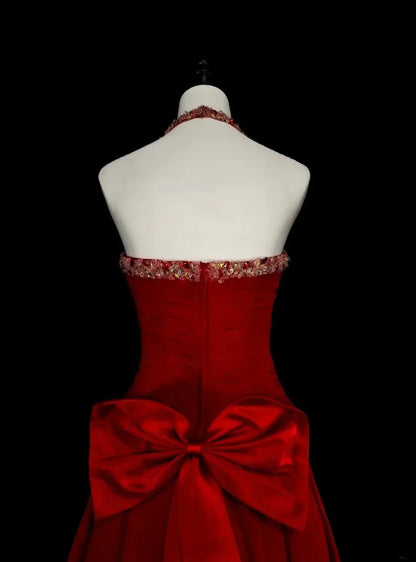 Elegant Mermaid Halter Neck Sleeveless Zipper Back Floor-Length Red Evening Gown