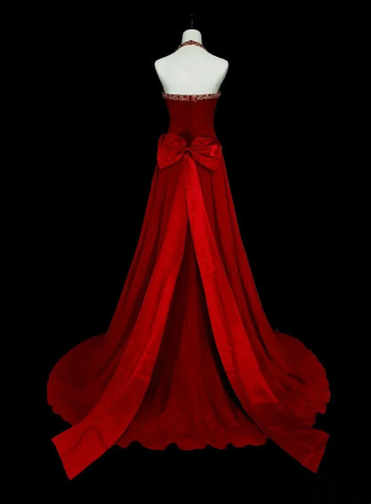 Elegant Mermaid Halter Neck Sleeveless Zipper Back Floor-Length Red Evening Gown