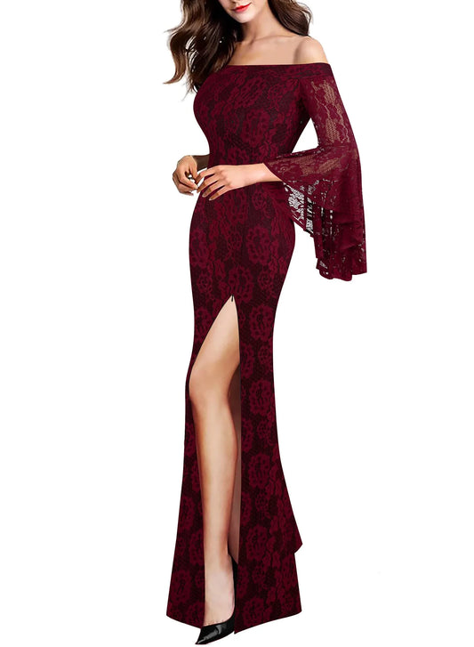 Elegant Mermaid Off - Shoulder Bell Sleeve Lace High - Slit Floor - Length Evening Dress