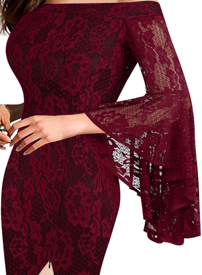 Elegant Mermaid Off - Shoulder Bell Sleeve Lace High - Slit Floor - Length Evening Dress