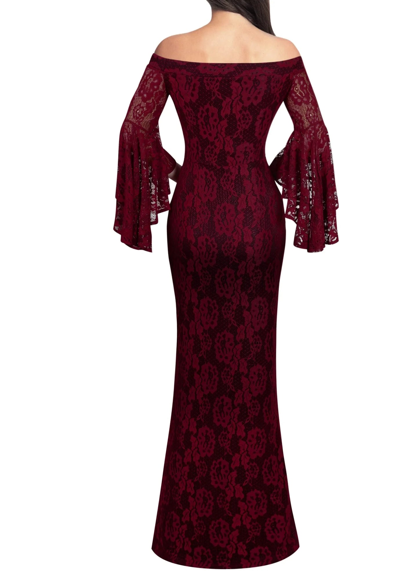 Elegant Mermaid Off-Shoulder Bell Sleeve Lace High-Slit Maxi Evening Dress