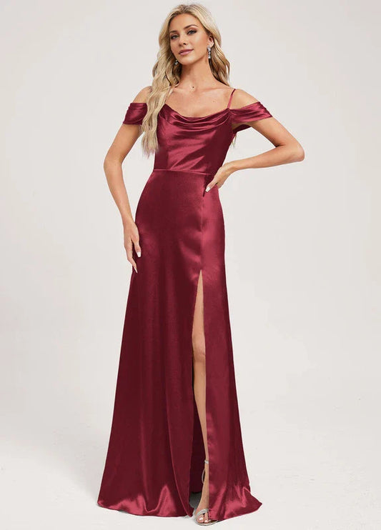 Elegant Mermaid Off-Shoulder Cowl Neck High-Slit Satin Maxi Evening Dress with Tie-Back