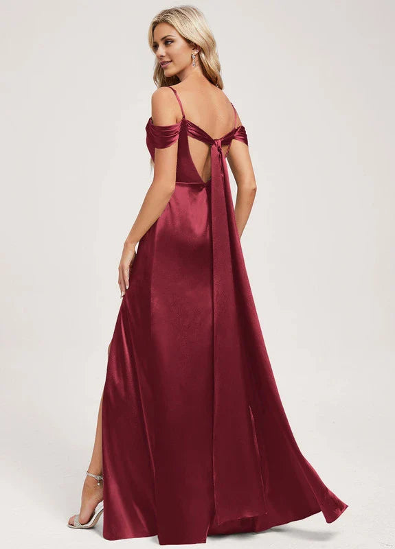 Elegant Mermaid Off-Shoulder Cowl Neck High-Slit Satin Maxi Evening Dress with Tie-Back