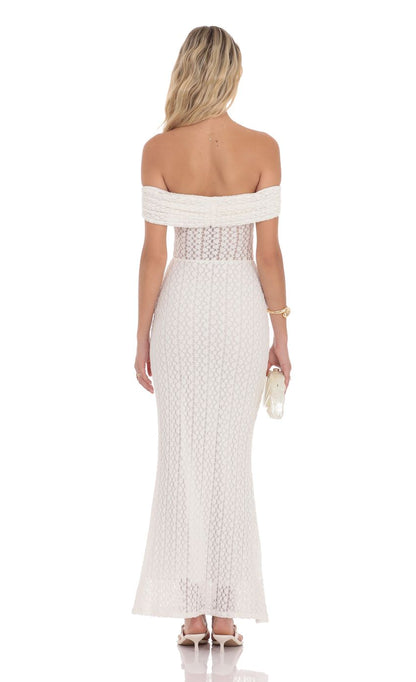 Elegant Mermaid Off-Shoulder Lace-Panel White Floor-Length Prom Dresses