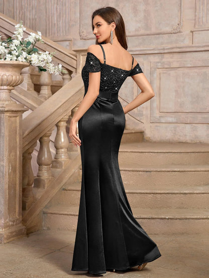 Elegant Mermaid Off-Shoulder Lace Sequin Short Sleeve Maxi Evening Dress