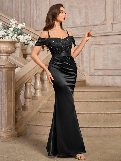 Elegant Mermaid Off-Shoulder Lace Sequin Short Sleeve Maxi Evening Dress