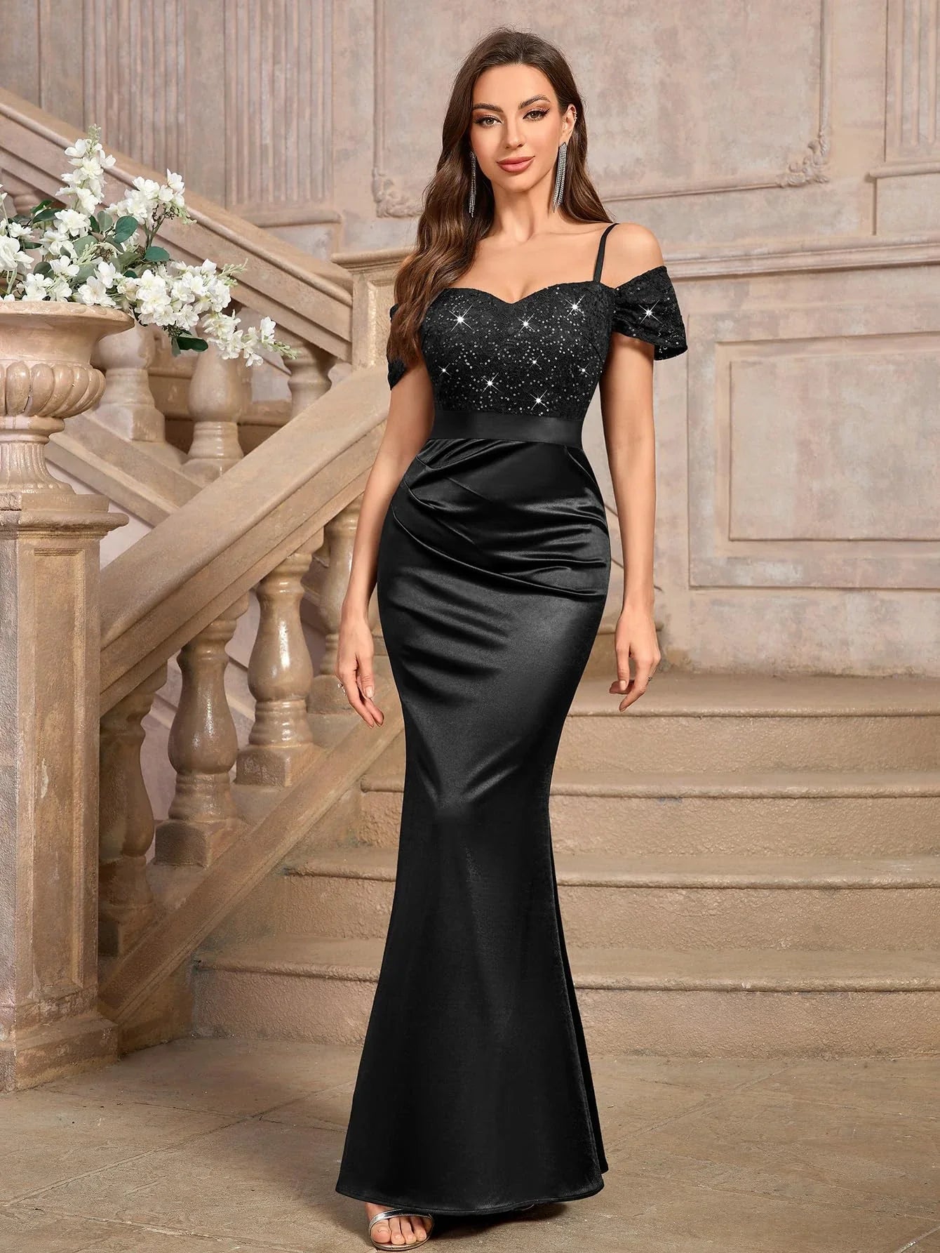 Elegant Mermaid Off-Shoulder Lace Sequin Short Sleeve Maxi Evening Dress
