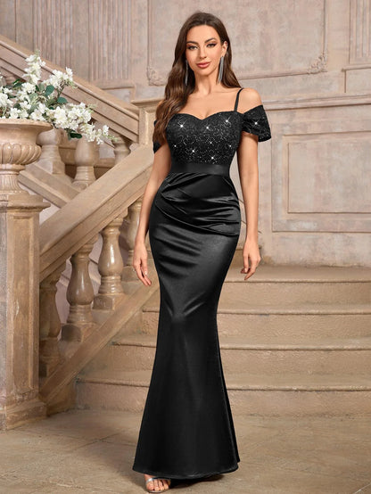 Elegant Mermaid Off-Shoulder Lace Sequin Short Sleeve Maxi Evening Dress