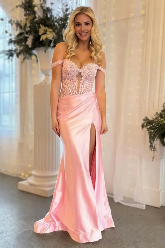 Elegant Mermaid Off-Shoulder Lace-Sleeve Lace-Up-Back Train Maxi Evening Dress