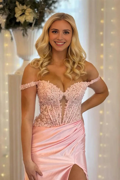 Elegant Mermaid Off-Shoulder Lace-Sleeve Lace-Up-Back Train Maxi Evening Dress