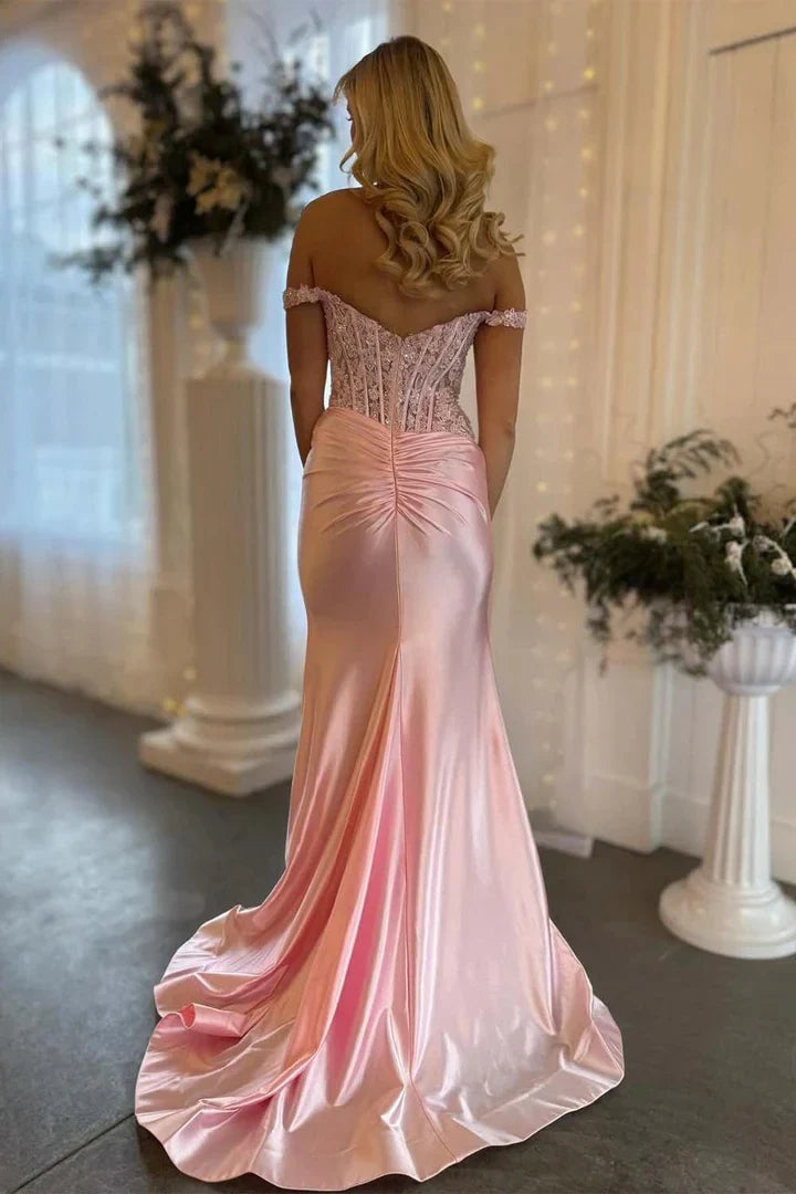 Elegant Mermaid Off-Shoulder Lace-Sleeve Lace-Up-Back Train Maxi Evening Dress