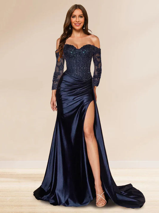 Elegant Mermaid Off-Shoulder Long-Lace-Sleeve-Zip-Back Navy Satin Floor-Length Prom Dresses