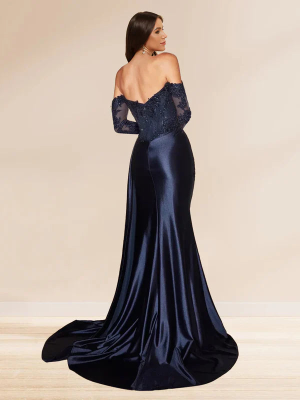 Elegant Mermaid Off-Shoulder Long-Lace-Sleeve-Zip-Back Navy Satin Floor-Length Prom Dresses