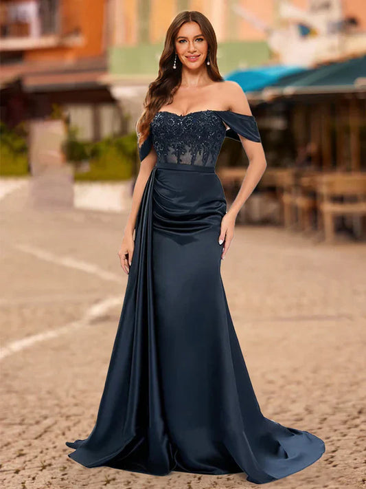 Elegant Mermaid Off-Shoulder Open-Back Lace-Navy Satin Floor-Length Prom Dresses