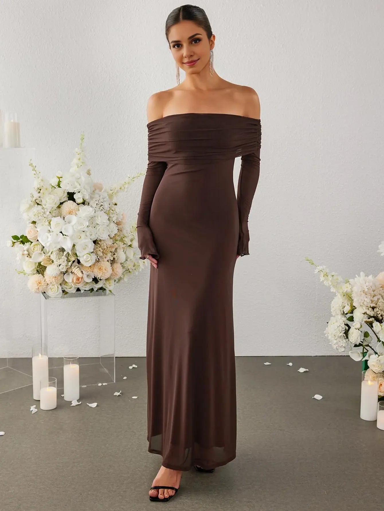 Elegant Mermaid Off-Shoulder Ruched Long-Sleeve Maxi Evening Dress