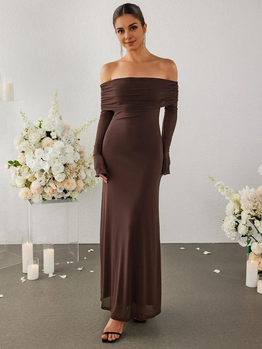Elegant Mermaid Off-Shoulder Ruched Long-Sleeve Maxi Evening Dress