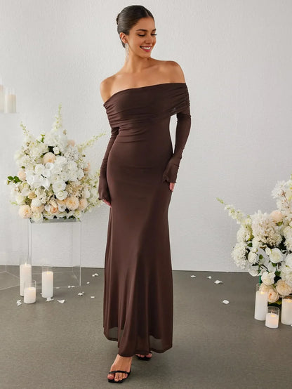 Elegant Mermaid Off-Shoulder Ruched Long-Sleeve Maxi Evening Dress