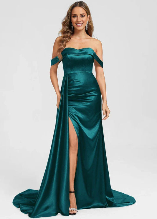 Elegant Mermaid Off-Shoulder Satin Ruched High-Slit Train Maxi Evening Dress