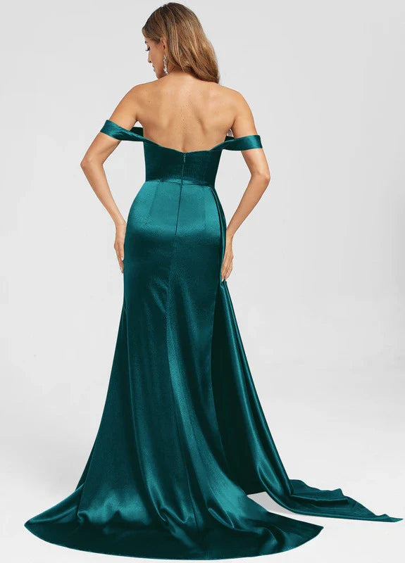 Elegant Mermaid Off-Shoulder Satin Ruched High-Slit Train Maxi Evening Dress