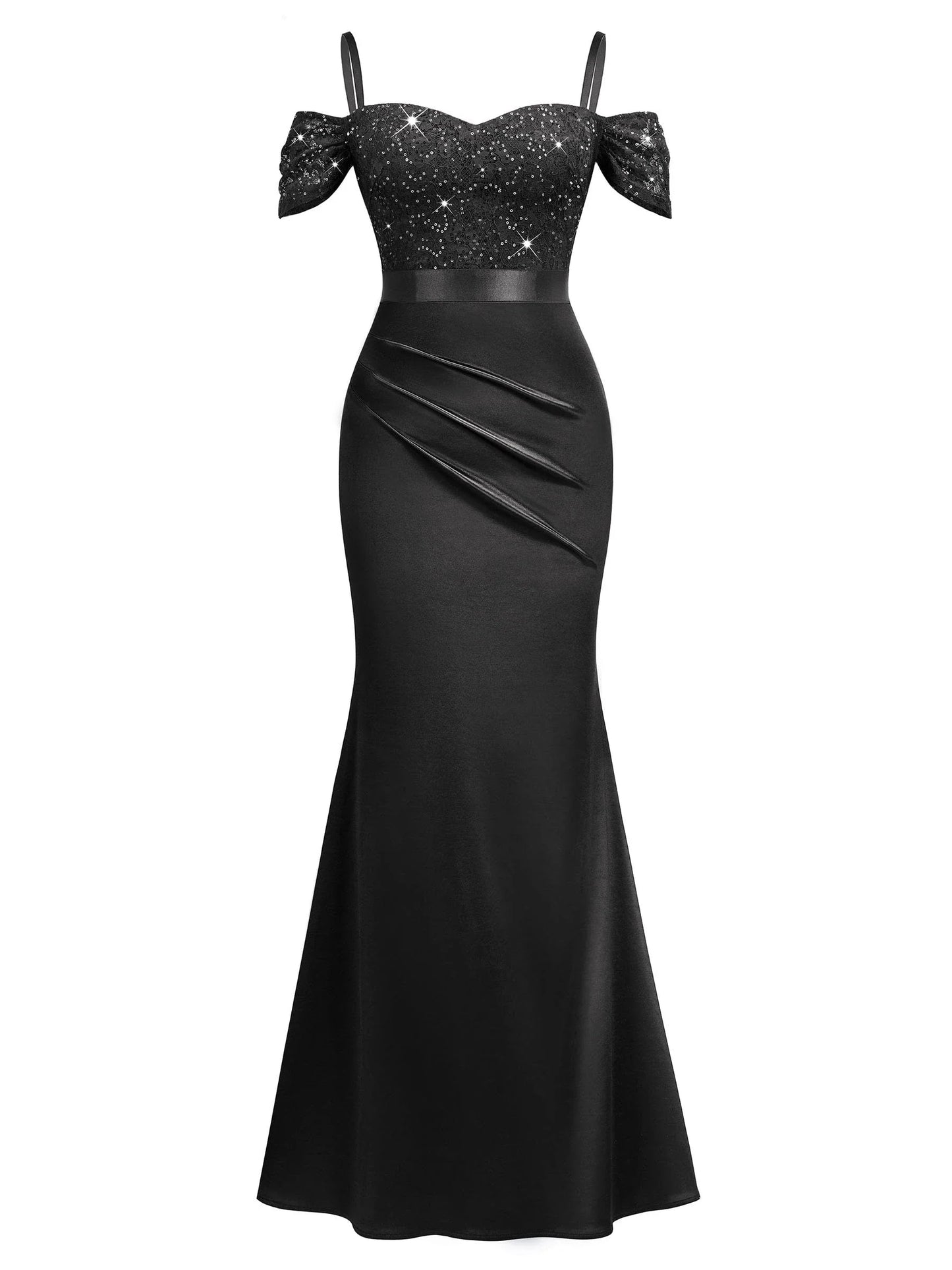 Elegant Mermaid Off-Shoulder Back Zip Sleeveless Sequin Lace Satin Floor-Length Evening Dress