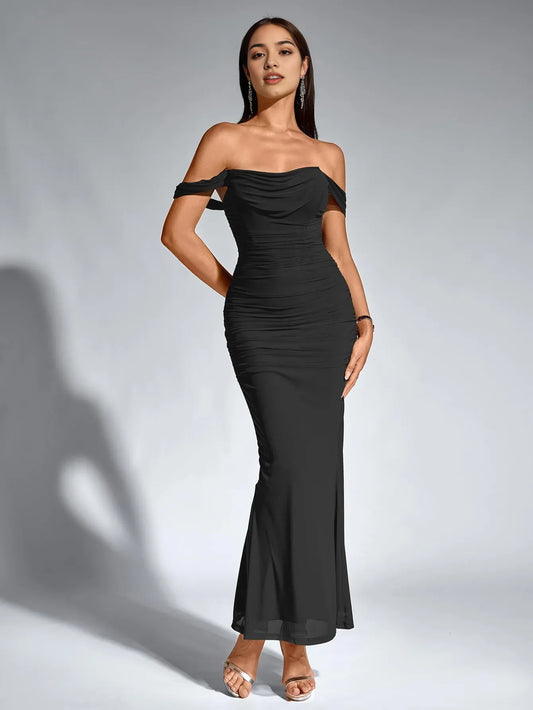 Elegant Mermaid Off-Shoulder Short Sleeve Open Back Floor-Length Evening Dress