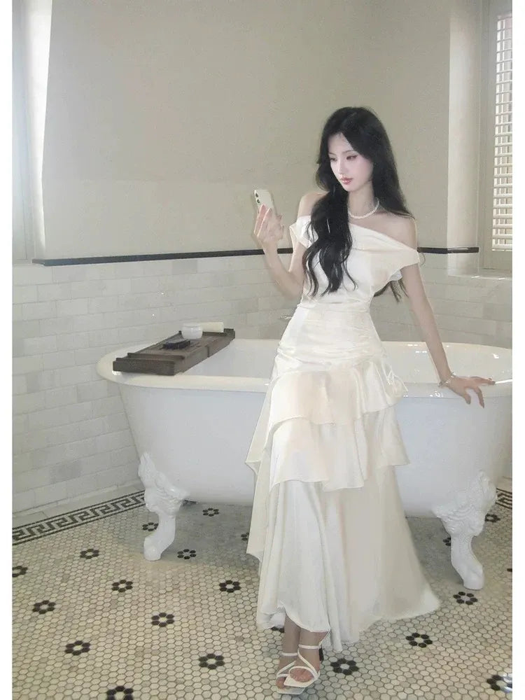 Elegant Mermaid Off Shoulder Sleeveless Plain Back Floor-Length Bridal Wedding Dress