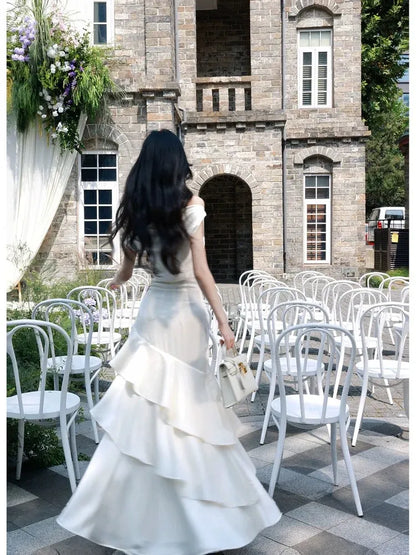 Elegant Mermaid Off Shoulder Sleeveless Plain Back Floor-Length Bridal Wedding Dress
