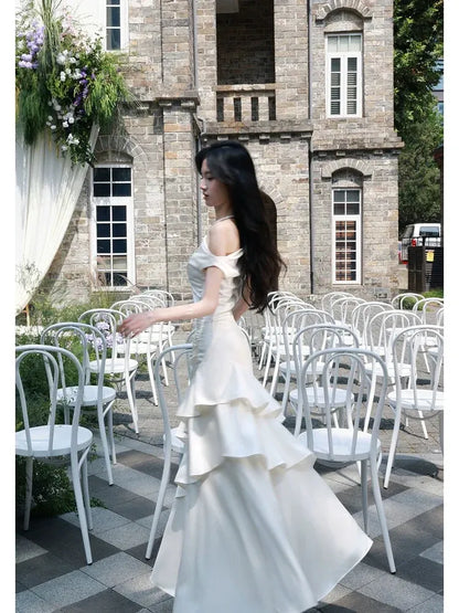 Elegant Mermaid Off Shoulder Sleeveless Plain Back Floor-Length Bridal Wedding Dress
