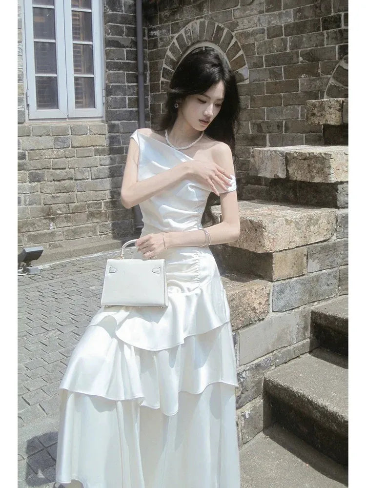 Elegant Mermaid Off Shoulder Sleeveless Plain Back Floor-Length Bridal Wedding Dress