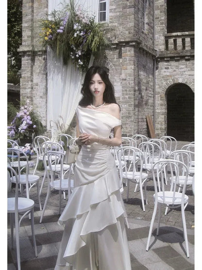 Elegant Mermaid Off Shoulder Sleeveless Plain Back Floor-Length Bridal Wedding Dress