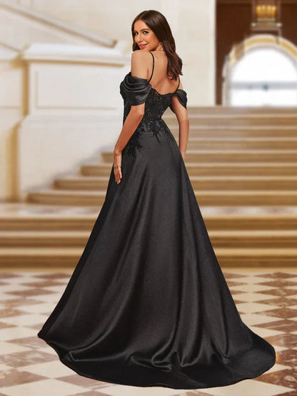 Elegant Mermaid Off-Shoulder Spaghetti-Strap-Zip-Back Black Satin Lace Floor-Length Prom Dresses