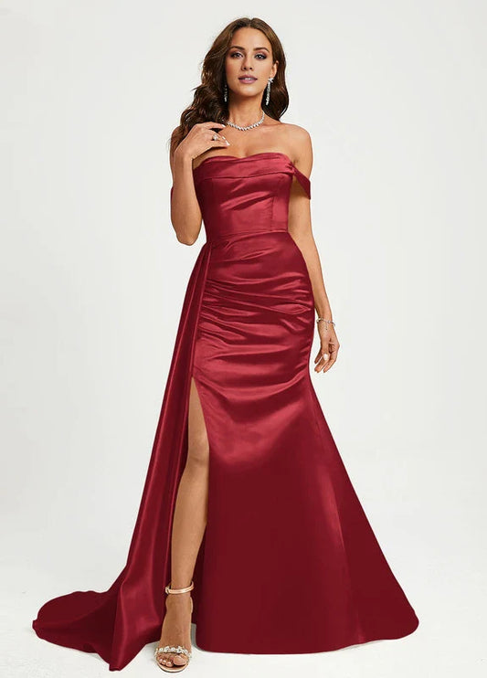 Elegant Mermaid Off-Shoulder Sweetheart Neck High-Slit Satin Maxi Evening Dress with Train