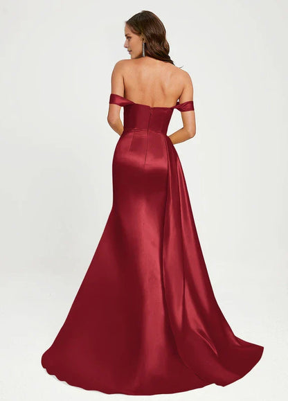 Elegant Mermaid Off-Shoulder Sweetheart Neck High-Slit Satin Maxi Evening Dress with Train