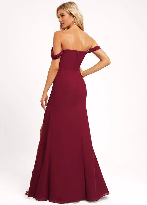 Elegant Mermaid Off-Shoulder Sweetheart Neck Ruched High-Slit Chiffon Maxi Evening Dress
