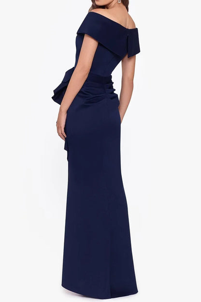 Elegant Mermaid Off - Shoulder V - Neck Short Sleeve Rucked Bow Side Floor - Length Evening Dress