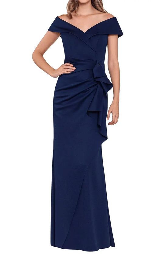 Elegant Mermaid Off - Shoulder V - Neck Short Sleeve Rucked Bow Side Floor - Length Evening Dress