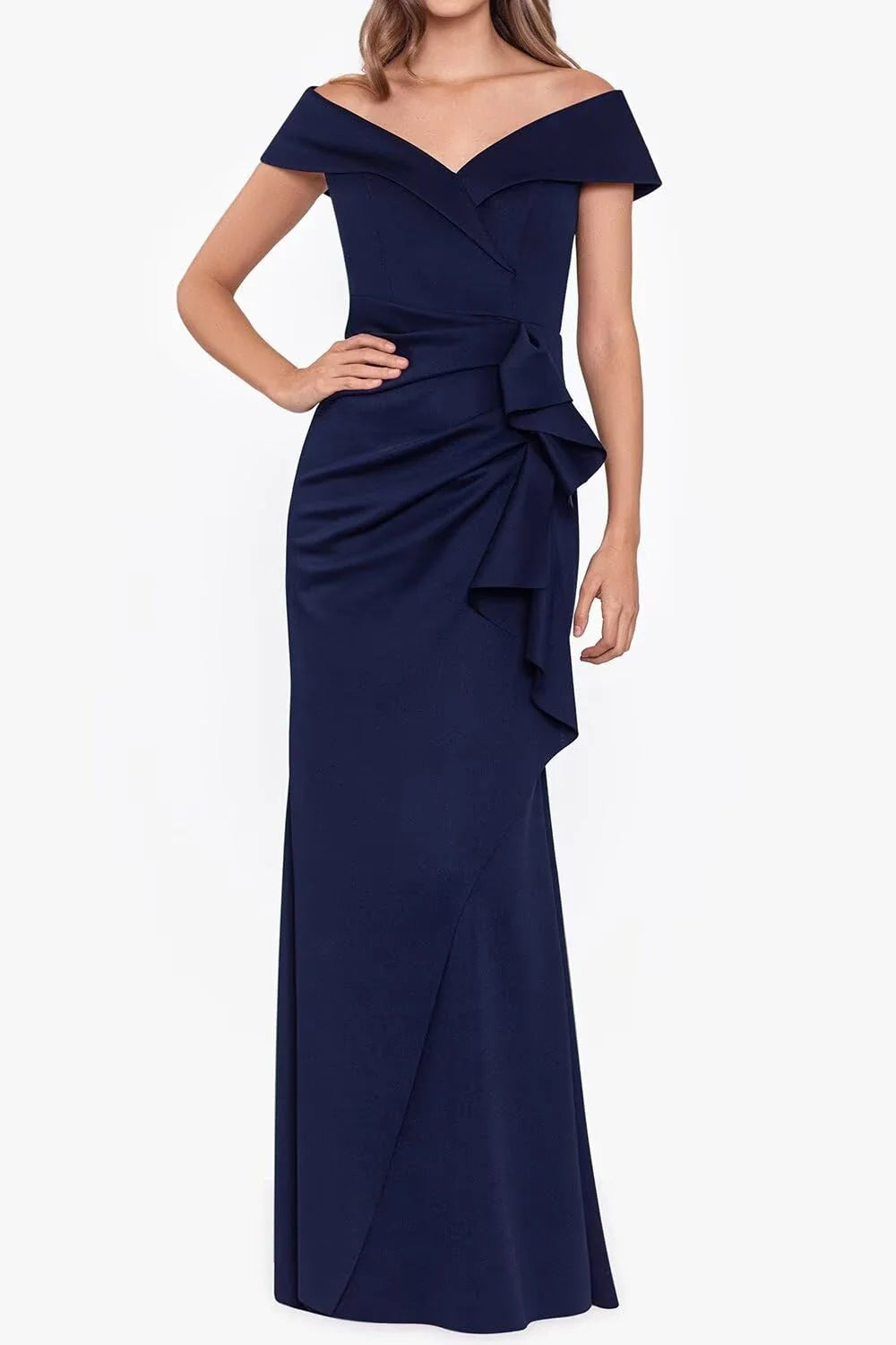 Elegant Mermaid Off - Shoulder V - Neck Short Sleeve Rucked Bow Side Floor - Length Evening Dress