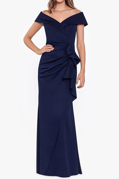 Elegant Mermaid Off - Shoulder V - Neck Short Sleeve Rucked Bow Side Floor - Length Evening Dress