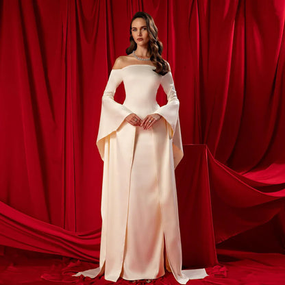 Elegant Mermaid Off-The-Shoulder Long Bell Sleeve Satin Evening Dress With Train